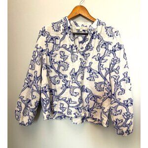 Loft Petites White & Blue Embroidered Long Sleeve Blouse Large P